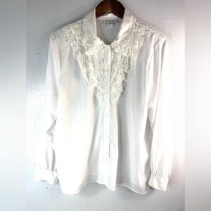 Kathy Che 14 Dressy Lace n Pearls White Button Down Blouse Victorian Collar